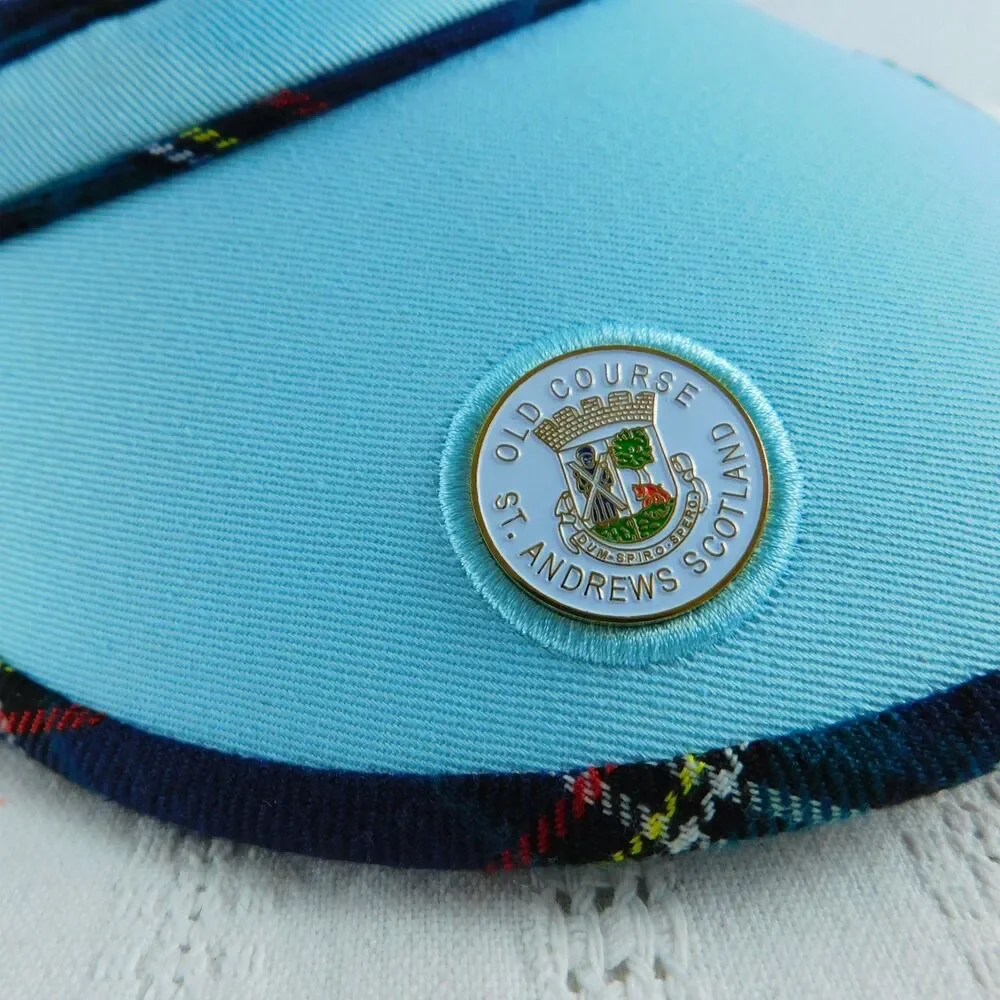 Old Course St Andrews Plaid Blue Golf Visor with Medallion Cotton Vintage NEW